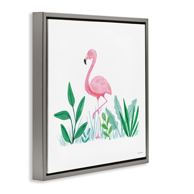 «Summer Flamingo & Fronds» par Susan Ball, Cadre flottant gris lustré, H 25 po x l 25 po