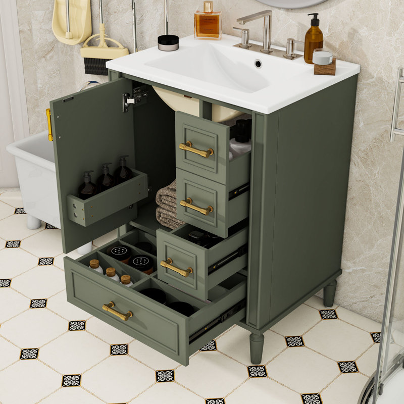 Modern Bathroom Vanity with Ceramic Sink, Soft-Close Door, 3 Drawers and Gold Handles, Olive Green