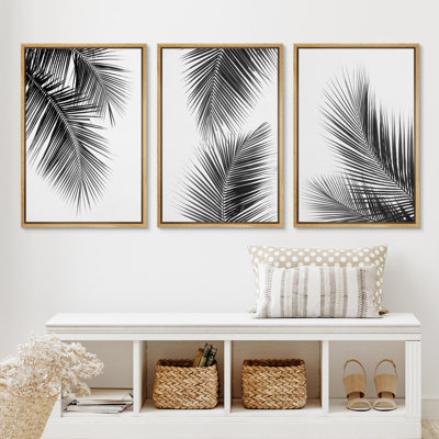 Black And White Tropical Palm Tree Leaves Organic Modern Framed Canvas 3 Pieces Print Wall Art