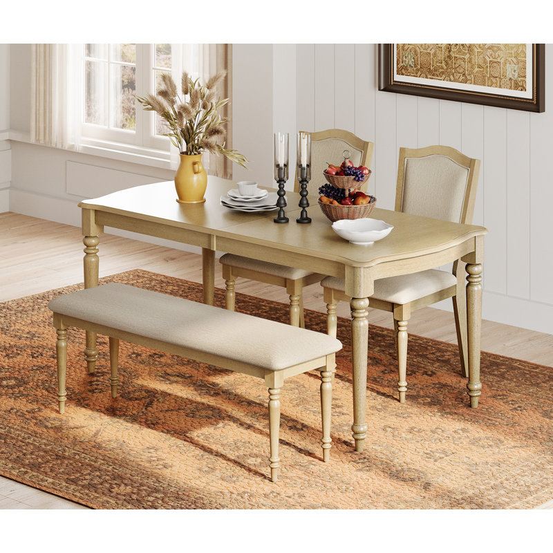 4 Piece Dining Table Set - Includes One Dining Table, 1 Upholstered Bench, 2 Wood Dining Chairs, Farmhouse Dining Set, Oak