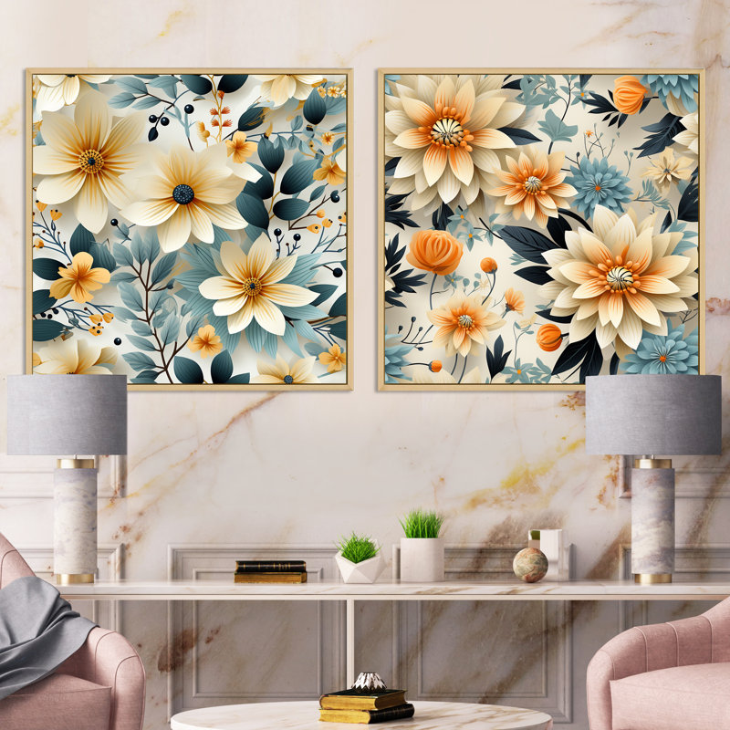 Evangélina - Ensemble de 2 collages floraux carrés, Cadre flottant brun, H 36 po x l 73 po