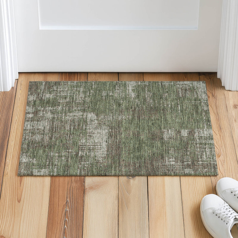 Tapis abstrait lavable à la machine intérieur / extérieur ACN2856, Olive, 2 pi 6 po x 3 pi 10 po