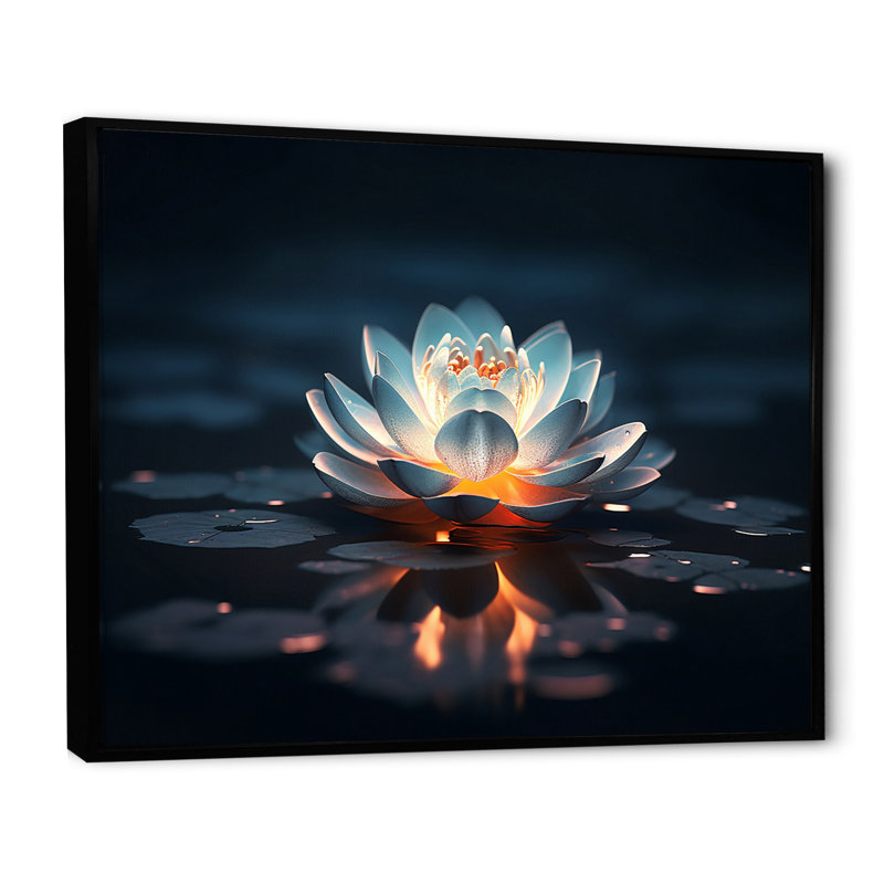 «Blossoming Wild White Lotus In Full Moon Pond», reproduction sur toile, H 16 po x l 32 po x P 1 po, Cadre flottant noir