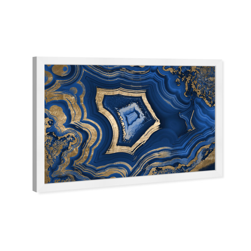 «Blue and Gold Abstract Geode» par Oliver Gal - reproduction, H 32 po x l 32 po, Cadre blanc