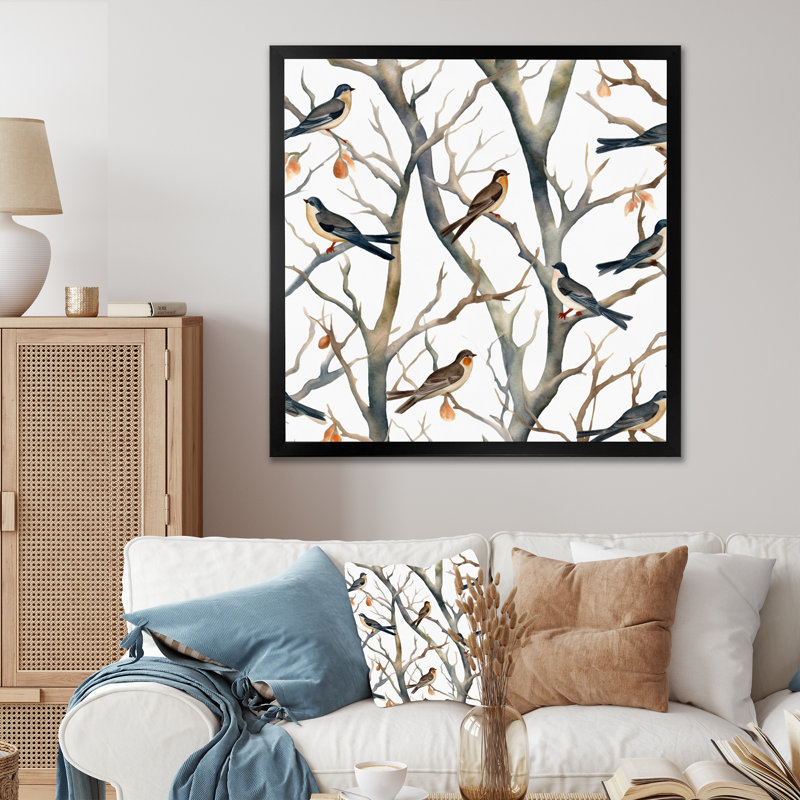 «Little Birds On The Tree Branches VI», reproduction d'art sur toile, H 30 po x l 30 po x P 1 po, Cadre simple noir