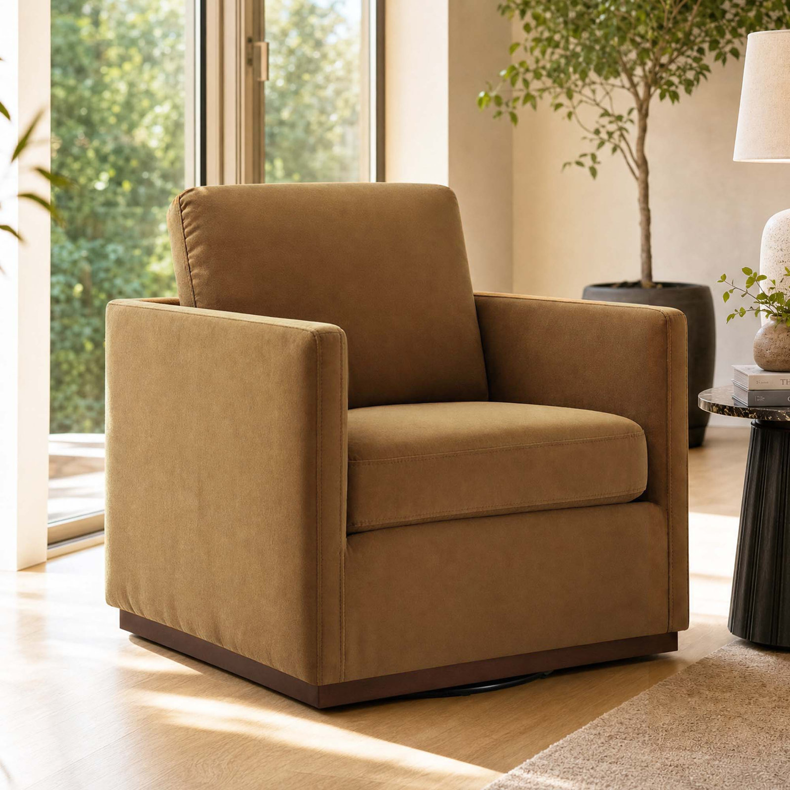 Bobbi Upholstered Swivel Armchair, Soren Ochre Performance Velvet
