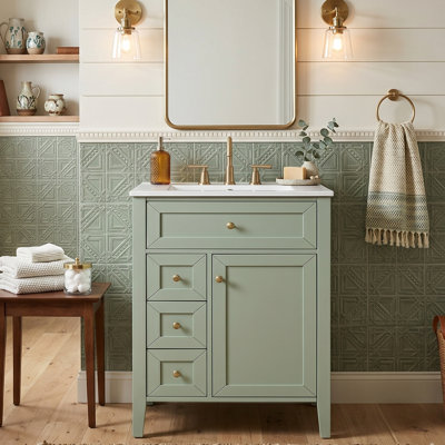Meuble-lavabo autoportant moderne de 24 po avec comptoir en céramique intégré, meuble-lavabo simple avec pieds en bois massif avec 1 tiroir basculant, 2 tiroirs à fermeture en douceur, porte d'armoire et support de rangement intégré (disponible en bleu, gris et vert)