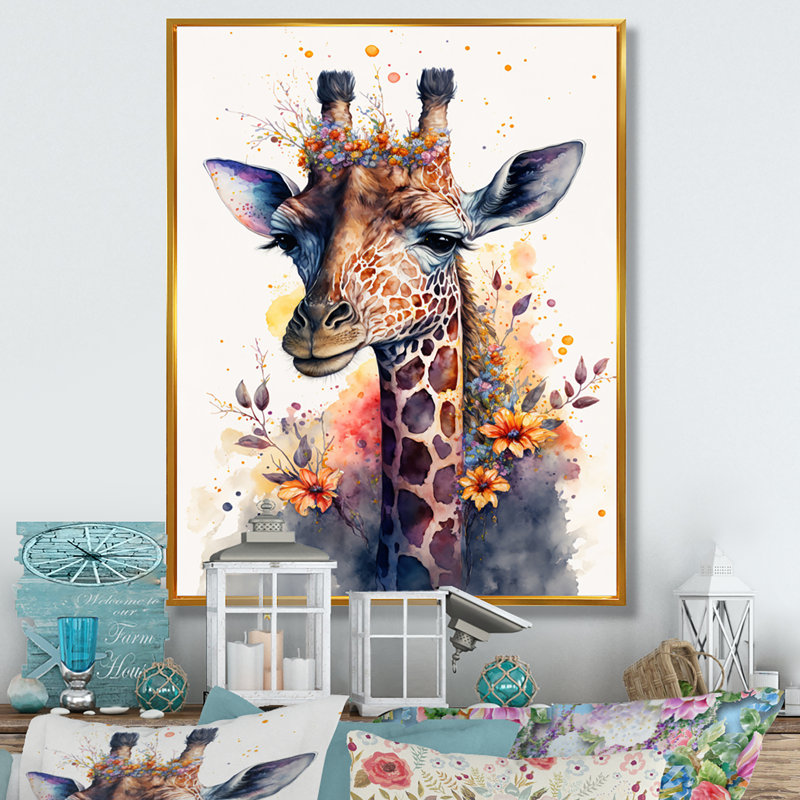 «Cute Giraffe Floral Art I», peinture sur toile, H 32 po x l 24 po x P 1 po, Toile avec cadre flottant or