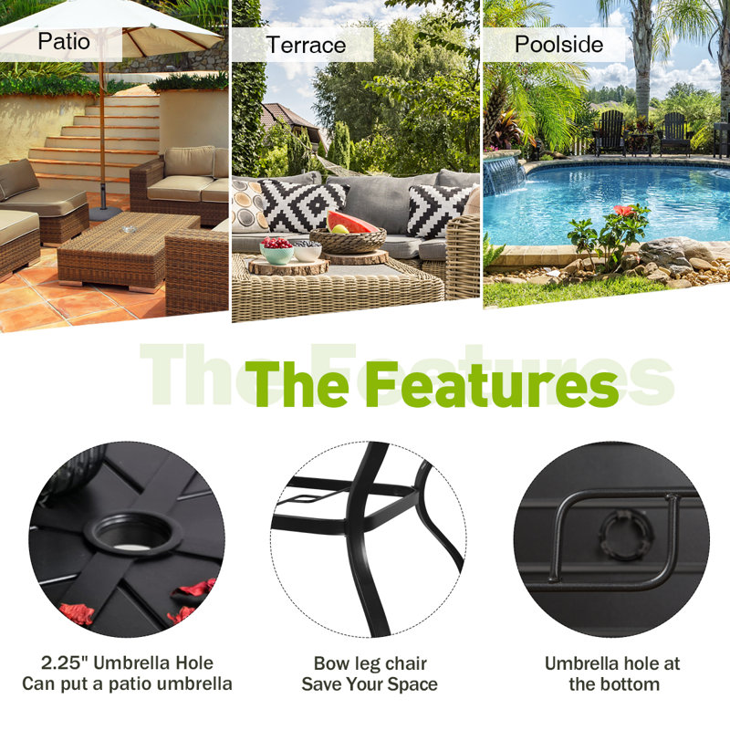 Red Barrel Studio® 5 pièces, ensemble de salle à manger de patio, table carrée en métal et 4 chaises en tissu de polyester enduit de PVC pour le jardin
