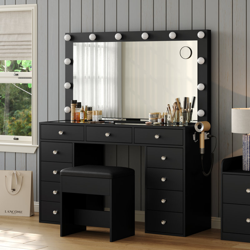 11-Drawer Vanity Set with LED Lights, Black