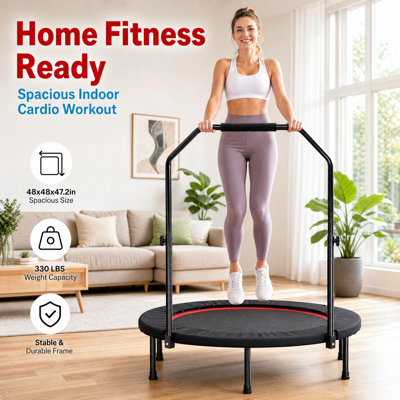 Mini-trampoline pliable de 48 pouces avec main courante ajustable, trampoline d'exercice silencieux, rebondisseur intérieur pour les adultes et la famille, charge de 450 lb