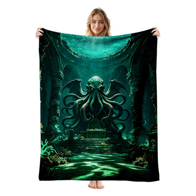 Couverture polaire en flanelle JYK Halloween pour lit simple, légère, respirante, douce et chaude en microfibre pelucheuse, 152 x 203 cm, motif Temple de l'Océan Cthulhu