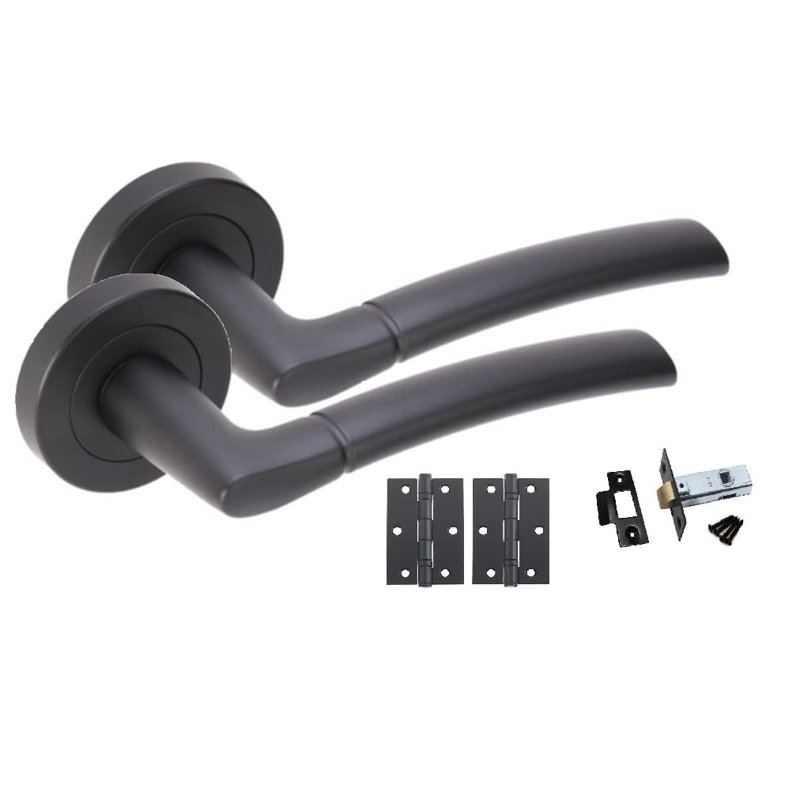  5 Pairs Indiana Style Modern Door Handles Lever Latch on Round Rose in Matt Black Finish with Latches and Ball Bearing Hinges