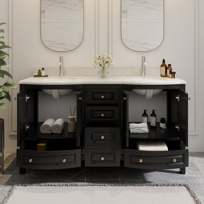 Meuble-lavabo double 60 po avec plateau en pierre d'ingénierie, lavabo en céramique, peinture à la main Mandilyn, Noir