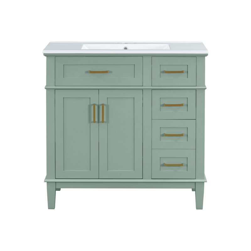 Meuble-lavabo moderne vert 36 po avec lavabo en céramique, portes à fermeture douce, 4 tiroirs de rangement, conception élégante pour les petites salles de bain