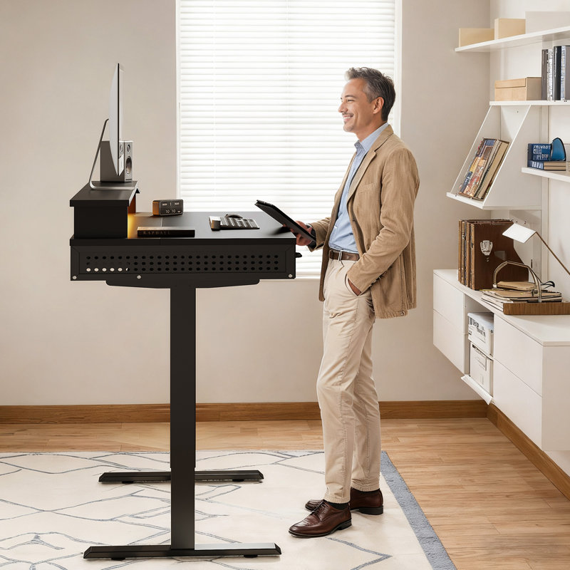 Yaelin Home Office Height Adjustable Standing Desk with 3 Woodend Drawers, Power Outlets and LED Lights, Black
