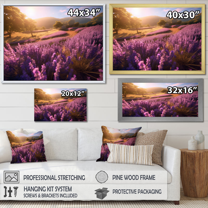 " Calming Lavender Landscape II ", 30" H x 40" W x 1.5" D, Gold Picture Framed