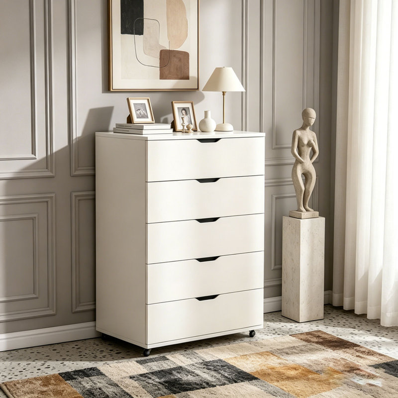 Commode mobile à 5 tiroirs avec roulettes, Blanc