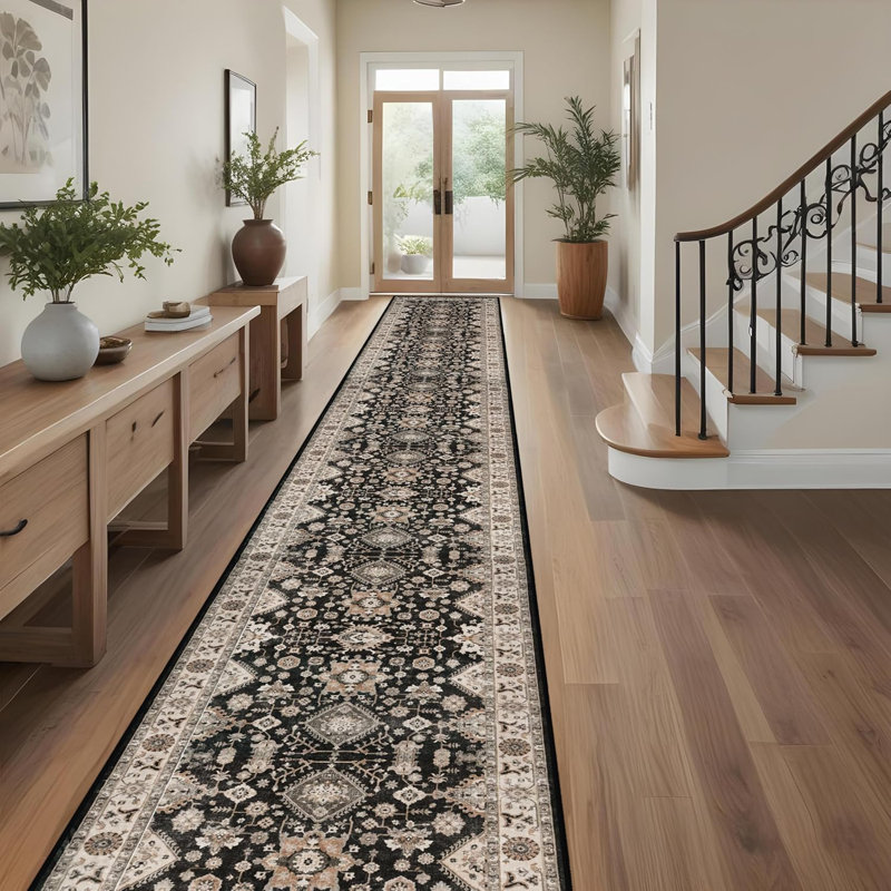 Washable Hallway Rug: Non Slip Rugs with Rubber Backing Soft Kitchen Rug Farmhouse Distressed Carpet Runner for Living Room Bedroom Bathroom (Black)