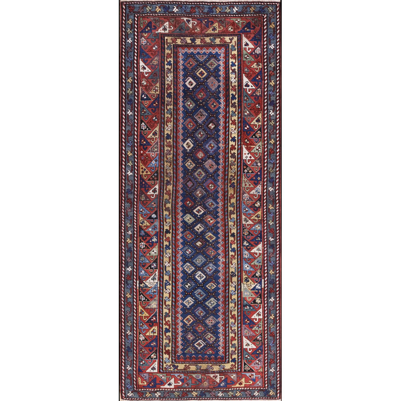 Tapis de couloir antique en laine bleu Kazak