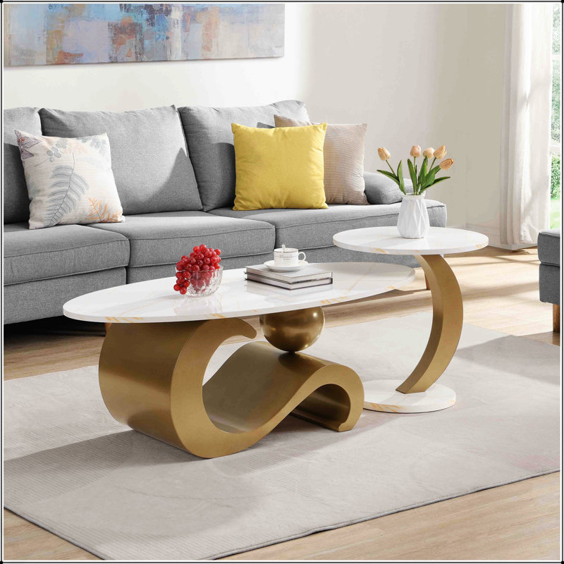 Ensemble de 2 tables basses gigognes modernes, ovales et rondes pour un décor de salon polyvalent et une utilisation efficace de l'espace