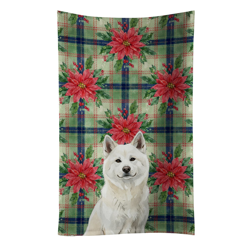 White Akita Christmas PoinsettIas Kitchen Towel, White Akita