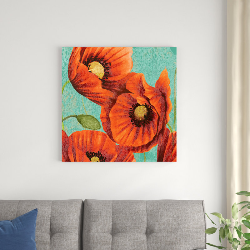 Coquelicots rouges sur fond sarcelle II, H 30 po x l 30 po
