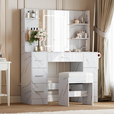Vanity Desk Vanity Table With 7 Drawers And 6 Storage Shelves, With Mirror Stool Dressing Table Marbled White