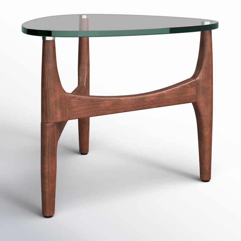Triangular Clear Glass and Walnut End Table