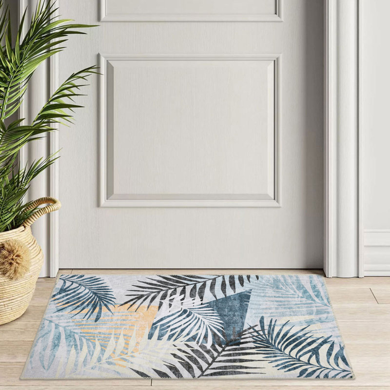 Jasmine Modern Plant Leaf Design Washable and Foldable Area Rugs Yellow Blue Ivory for Living Room Bedroom, Rectangle 2' x 3'