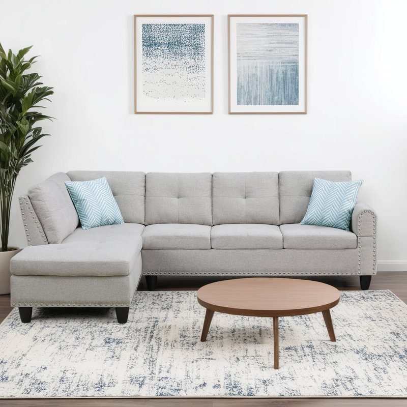 Antoneta Left Hand Facing Sofa & Chaise, Ivory Linen, Green