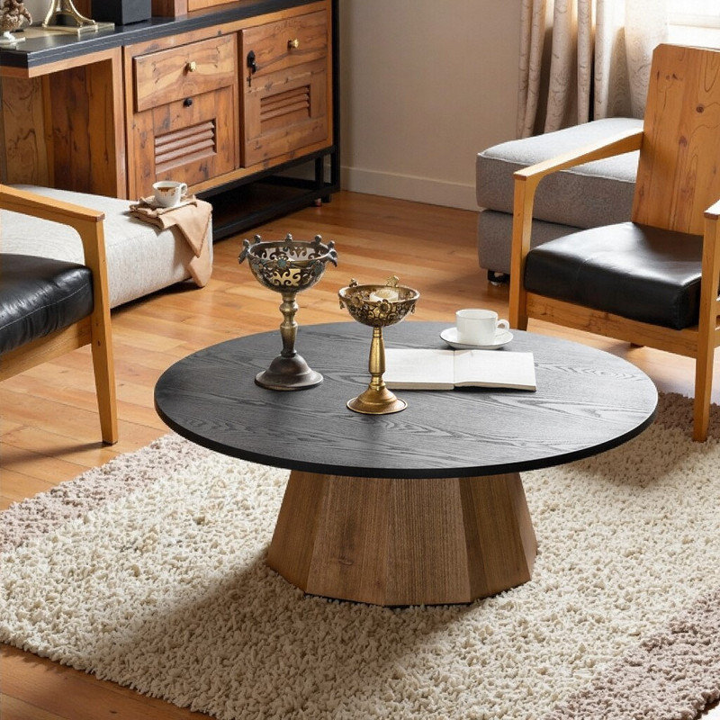 Table basse ronde à piédestal en bois avec plateau en forme d'arbre, 40 po
