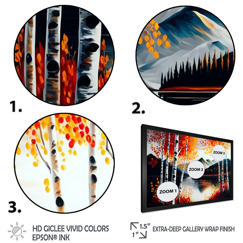 " Red And Orange Birch Trees By The Lake I ", Black Picture Framed Canvas, 12" H x 20" W x 1" D