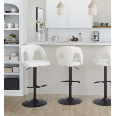 Adjustable Height Swivel Barstool With Rounded T Footrest And White Fabric Seat For Versatile Indoor Counter And Bar Use.