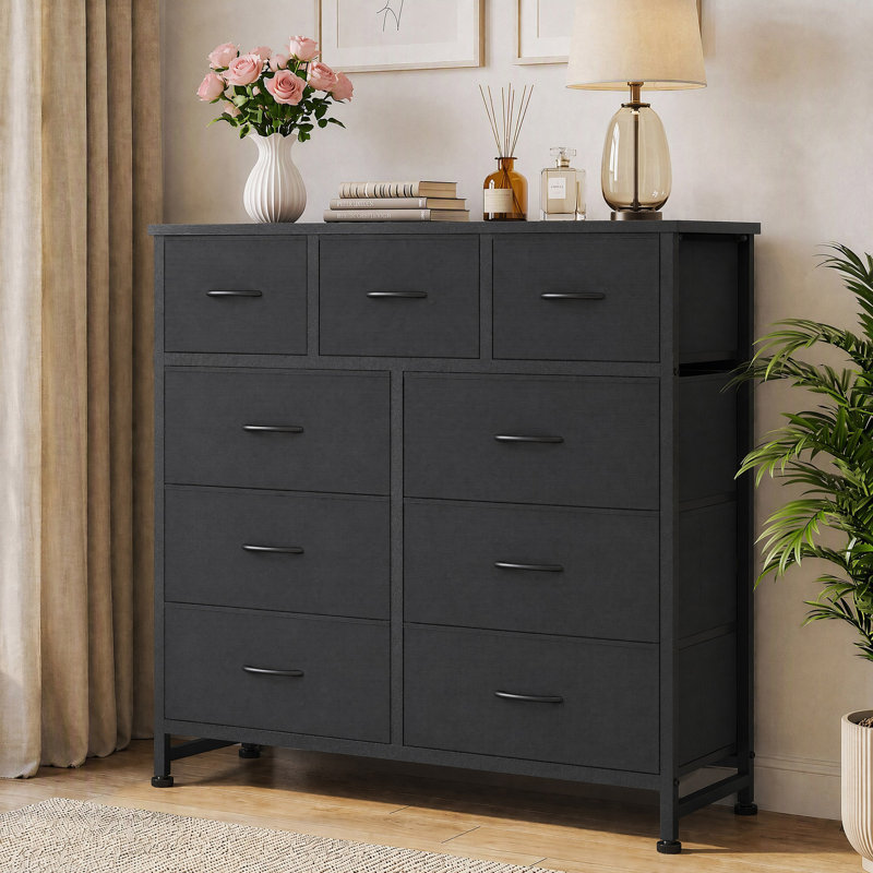 Commode en tissu à 9 tiroirs avec plateau en bois et commode l 39,37 po Charvi, Noir