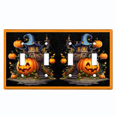 Plaque d'interrupteur en métal (prise de citrouille d'Halloween Spooky Tree - quadruple bascule)