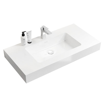 Sleek White Solid Surface Integrated Basin With Overflow, Enhancing Bathroom Style Glossy Basin, Ambiance And Functionality