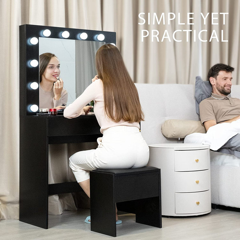 Maddis Vanity Set with Lighted Mirror and Large Drawer, Black