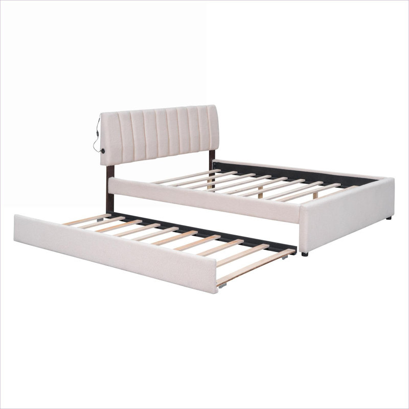 Warm beige striped headboard upholstered platform queen bed with twin XL trundle, teddy fleece with app-controlled LED lighting