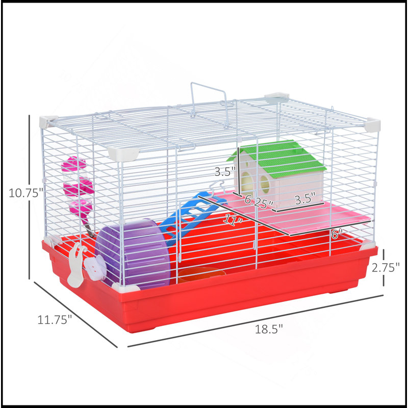 Cage à hamster 18,5 po avec roue d'exercice et bouteille d'eau, plat, maison de rat et habitat, conception à 2 étages, rouge