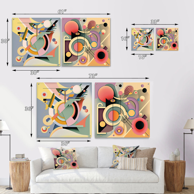 Pastel Art déco III - Ensemble de 2 verres muraux abstraits géométriques en acrylique, H 16 po x l 33 po