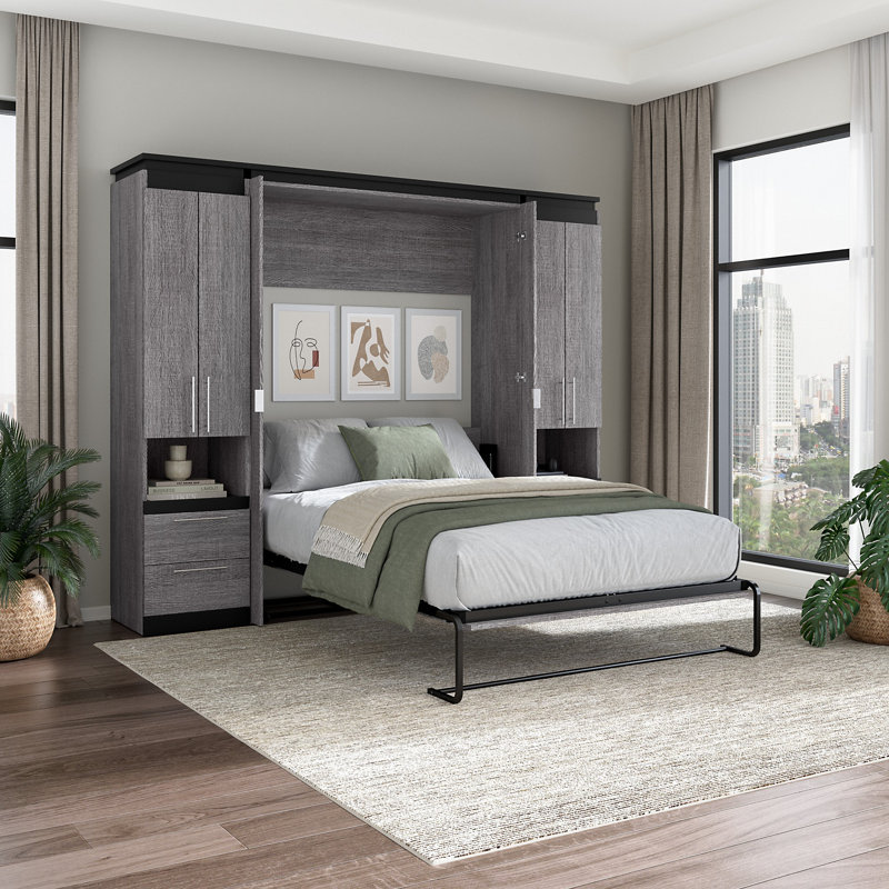 Lit escamotable Asay et 2 armoires de rangement avec tablettes coulissantes, Double, Écorce gris