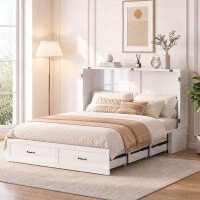 Lit escamotable convertible Queen Size avec tiroirs de rangement, station de chargement USB et matelas inclus