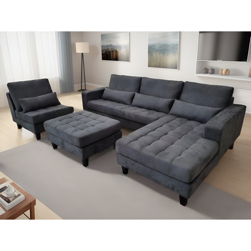 Begraj Upholstered L-Shaped Sectional, Dark Gray Microfiber/Microsuede, Right Hand Facing