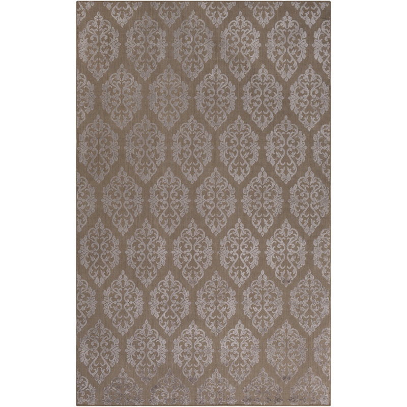 Jamesthomas Damask Hand-Knotted Brown/Light Gray Area Rug, Rectangle 6' x 9'