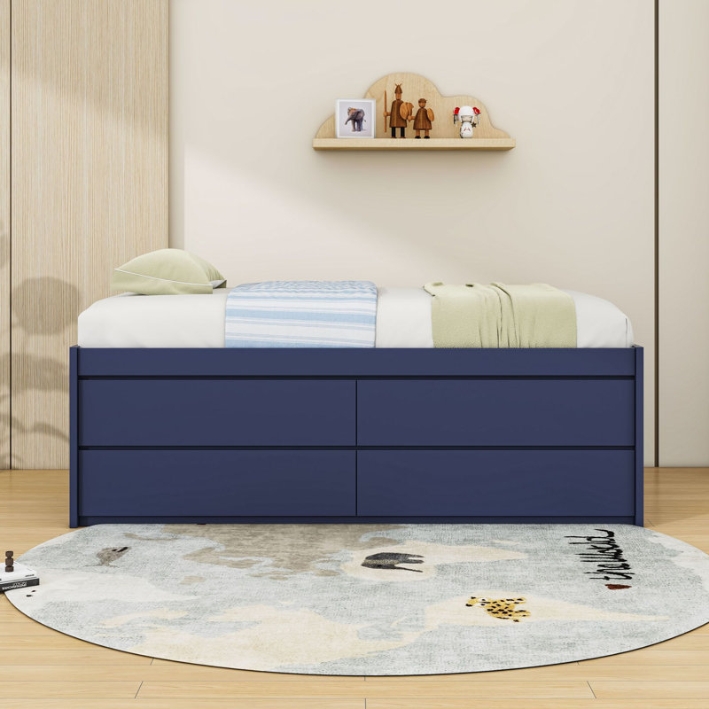 Lit plateforme en bois avec 4 tiroirs et sommier à lattes, Twin, Navy Blue