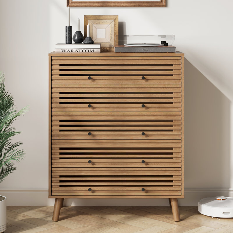 5 Drawers Dresser For Bedroom, Mid Century Modern Slatted Dresser, Wood Chest Of Drawers Organizer For Bedroom, Living Room, Hallway, Closet, Oak