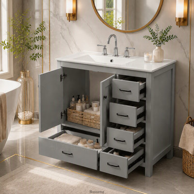 Meuble-lavabo gris de 91 cm (36 po) avec lavabo en céramique, 2 portes à fermeture en douceur et 5 tiroirs