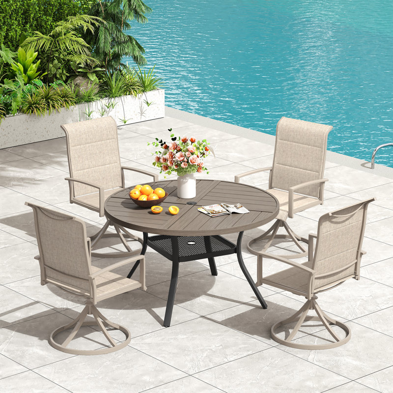 4-Person Patio Dining Set with Metal Round Dining Table and Padded Swivel Chairs, Brush Wood Gray/Sandshell