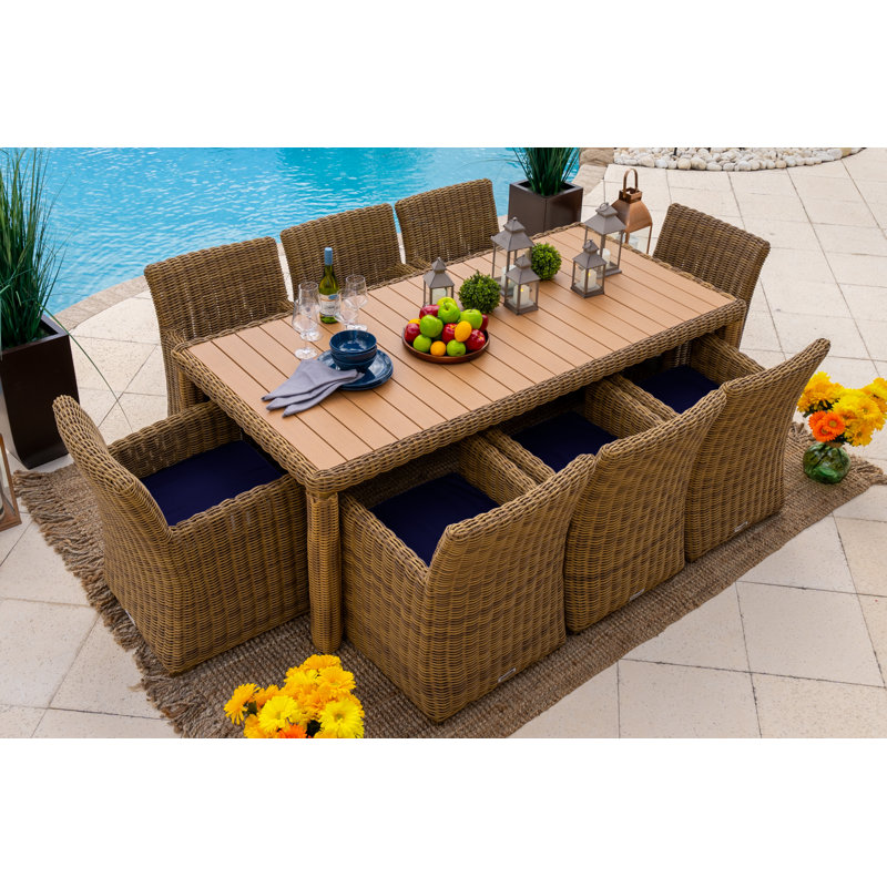 Malmo 8 - Person Wicker Patio Dining Set with Rectangular Table , Cushions Included, Sunbrella Navy